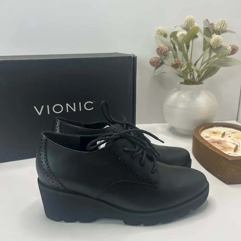 Vionic Anaheim Leather Lace Up Chunky Wedge Derby Loafer Black Women's 6.5M NWB